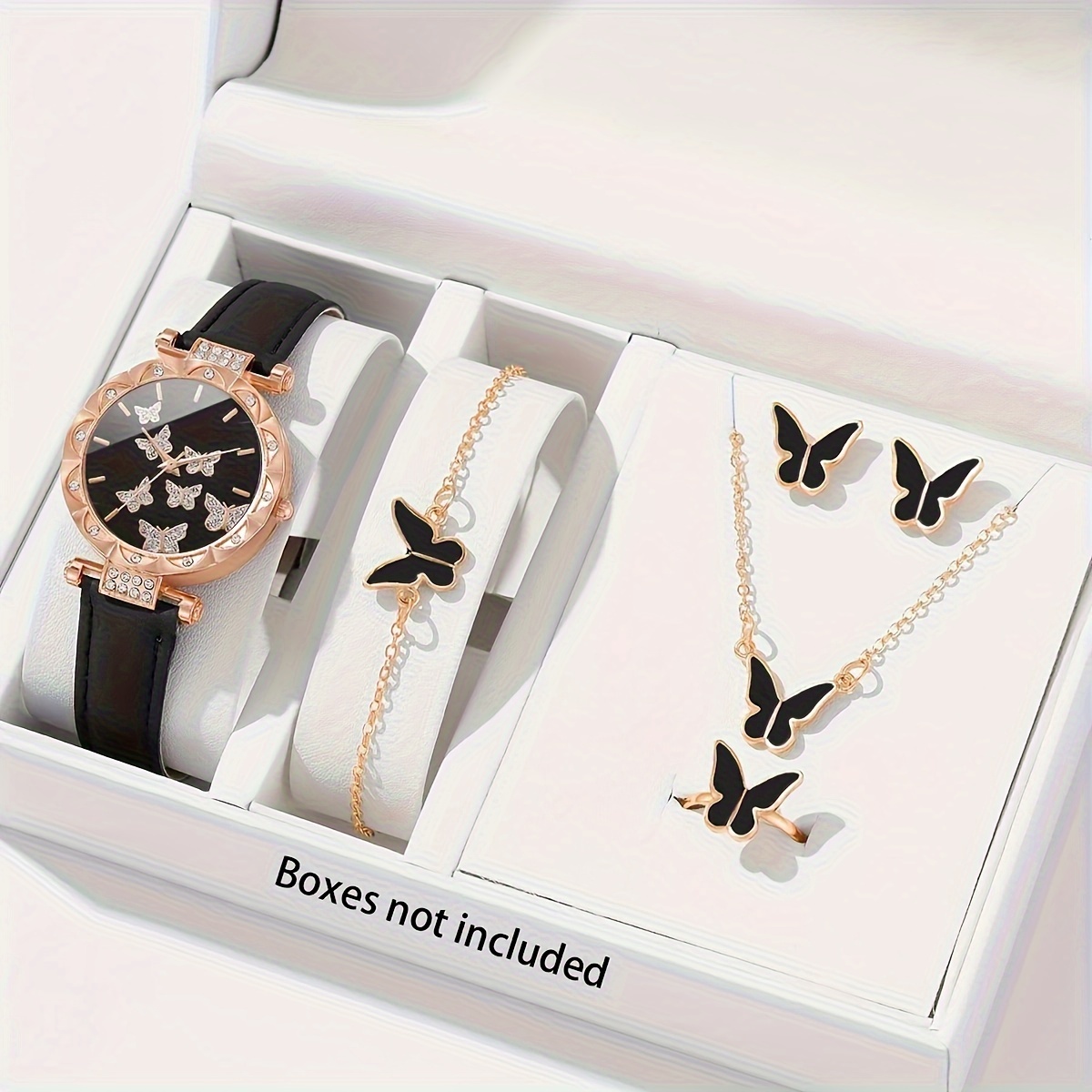 

6pcs/set Elegant Butterfly Rhinestone Quartz Watch Analog Pu Leather Wrist Watch & Jewelry Set, Gifts For Women Her
