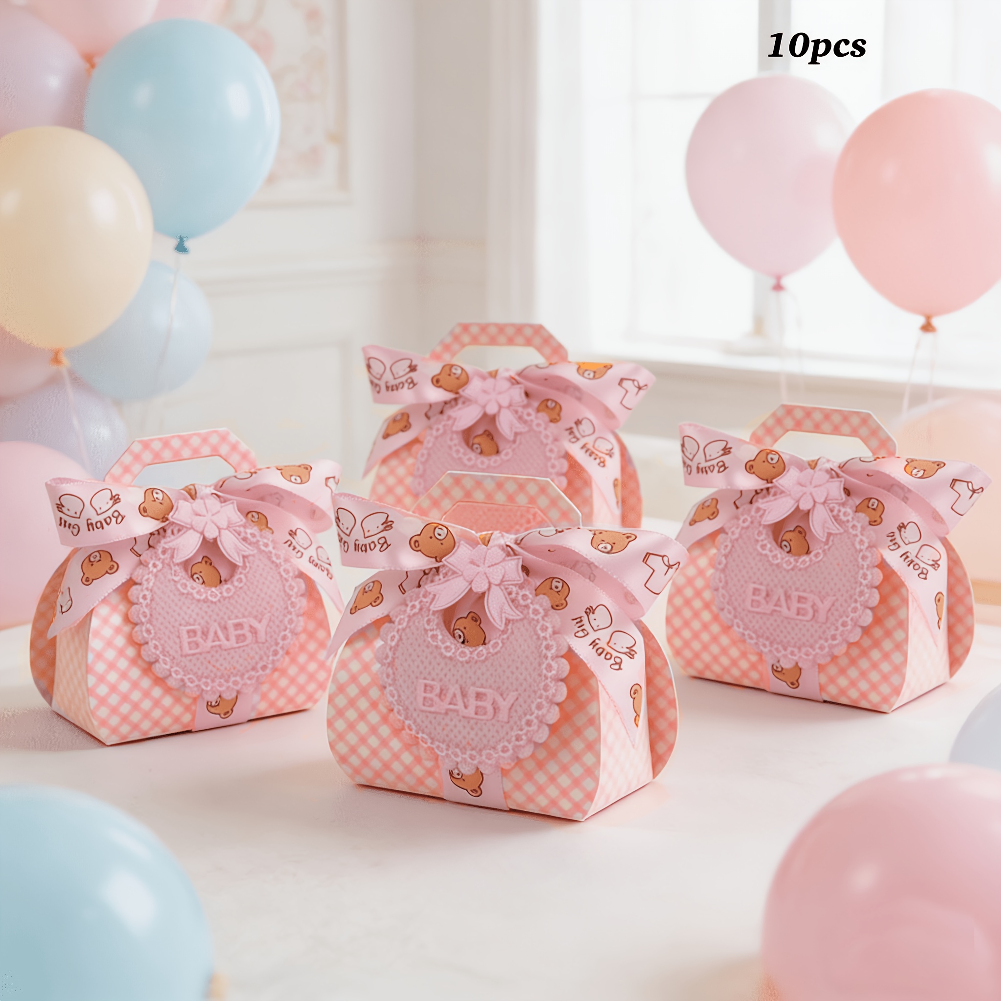 E-shop 10 Stk. Baby-Shower-Geschenkboxen mit Lätzchen & Bändern – Himmel / Geeignet für Geburtstage, Taufen, Partys, Dekorationen – Kleine Papierboxen