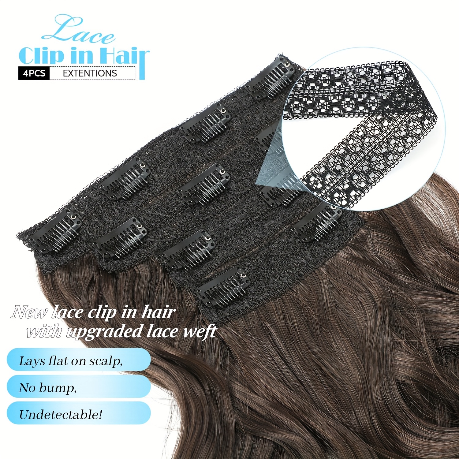 4pcs   clip in hair extensions for women - short curly wave with invisible lace weft,   synthetic hairpieces for daily & party use, all   details 5