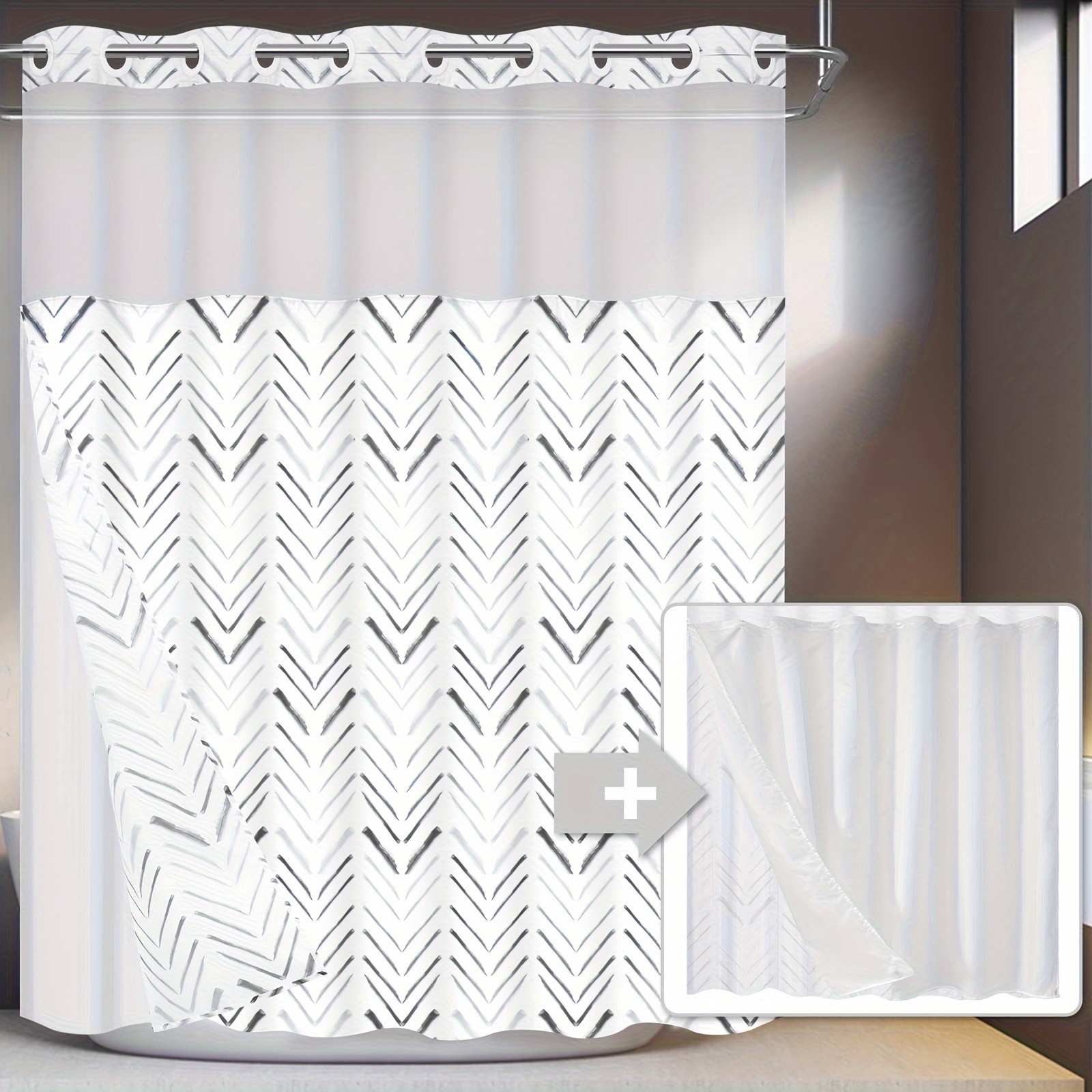 

No Hook Shower Curtain With Liner, Herringbone Chevron Hotel Shower Curtain And Liner Set, Modern Geometric Ombre Shower Curtain Set With Liner, Double Layer, Washable, 71" X 74