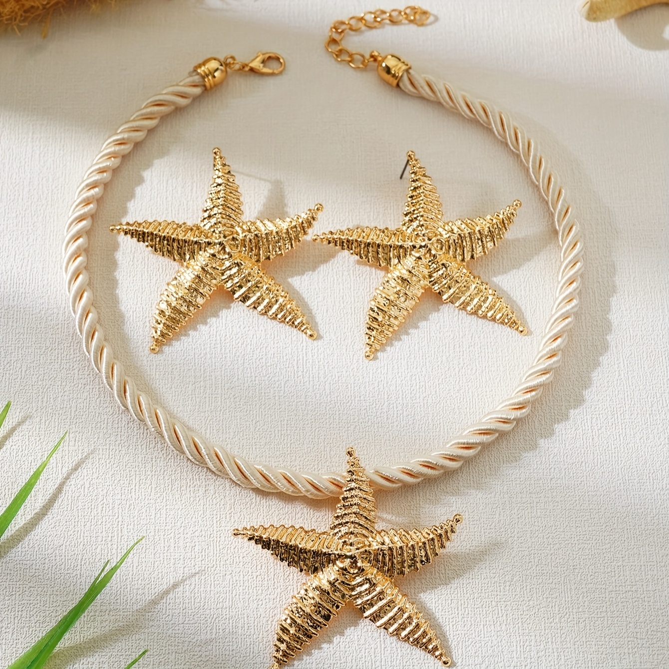 TEMU A Versatile Striped Pleated Starfish Pendant Necklace And Earring Set, Perfect For Bohemian-style Women's Vacation And Date Jewelry Gifts