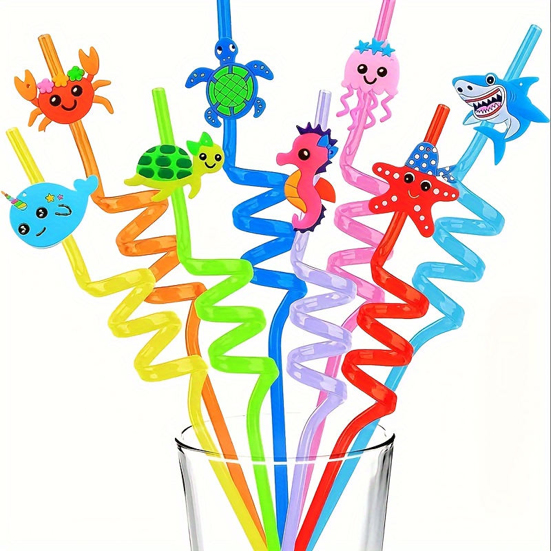 

8pcs Shark & Marine Animal Themed Party Straws - Ocean Life Drinking Accessories For Birthday & Mermaid Celebrations, Pvc, No Batteries Required, Suitable For Ages 18+