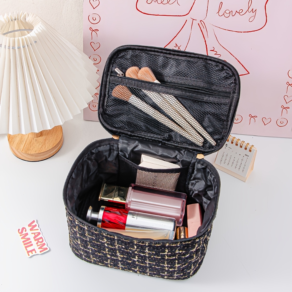 TEMU Stylish Black Travel Toiletry Bag, Portable Women's Makeup Bag, Large Opening And Handle For Carrying Cosmetics And Toiletries, Internal Mesh