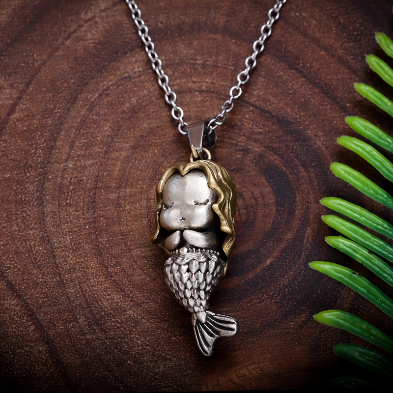 TEMU 1pc Cute Q -color Sleeping Mermaid Pendant Necklace - Retro Cute And Cute Mermaid Pendant, A Fashionable And Versatile Accessory For Women'