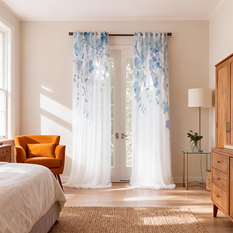 TEMU 2pcs Curtains, Light Blue Draped Eucalyptus Leaf Print Sheer Curtains, And Soft, Semi-sheer, A Sophisticated And Luxurious Style Suitable For