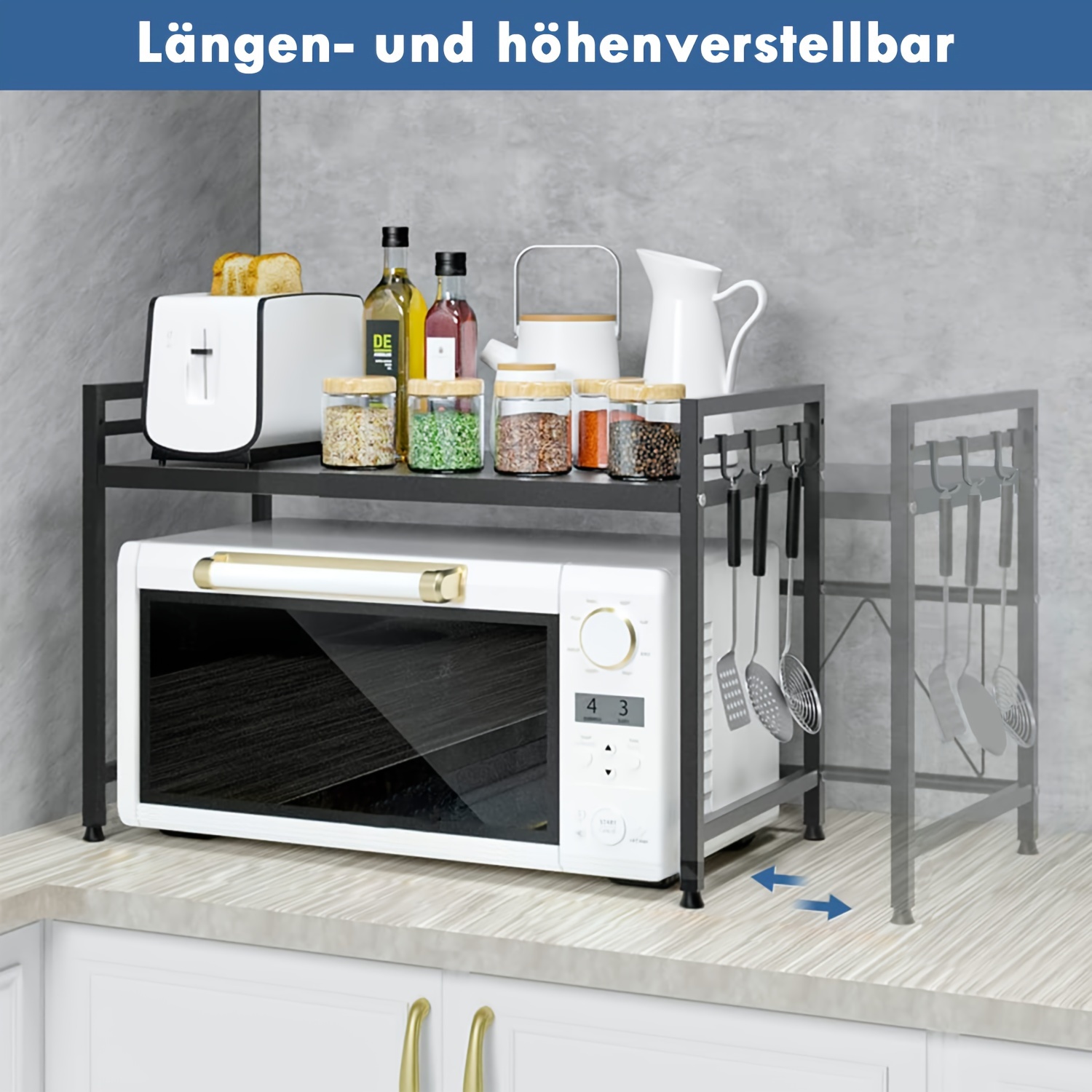 Kitchen Shelf, 40-64cm Extendable Microwave Shelf With 6 Hooks, 32cm/42cm Height-adjustable Microwave Stand, 30kg Load-bearing Microwave Oven Shelf, Microwave Oven Shelf, Spice Rack, Microwave Holder, Kitchen Storage Rack