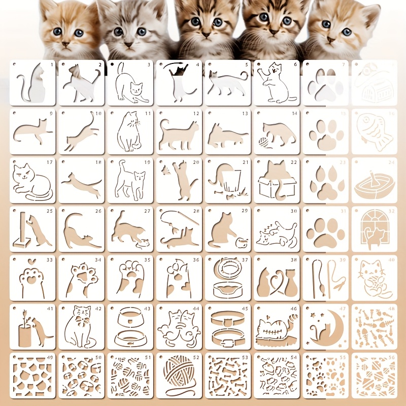 Image of 56pcs Cat Stencil, Used For Painting On Wood Products, Cat Paw Printing Stencil Reused, Cat Painting Stencil, Suitable For Crafts, , Glass, Wooden Household Items