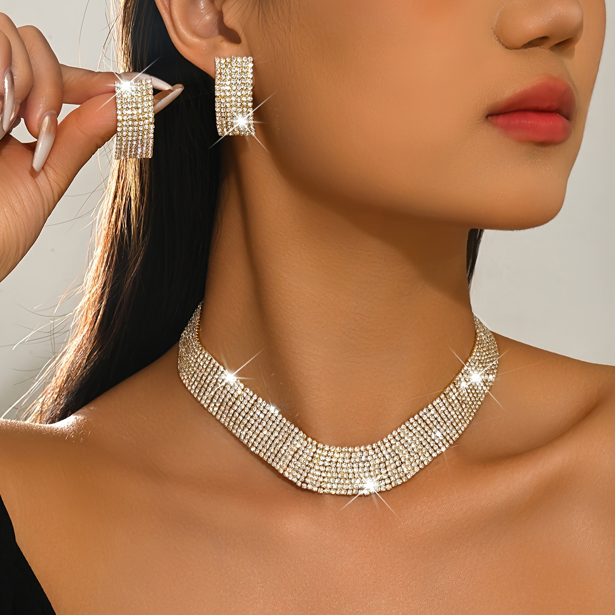 2pcs Set Geometric Rhinestone Choker Necklace & Square Earrings