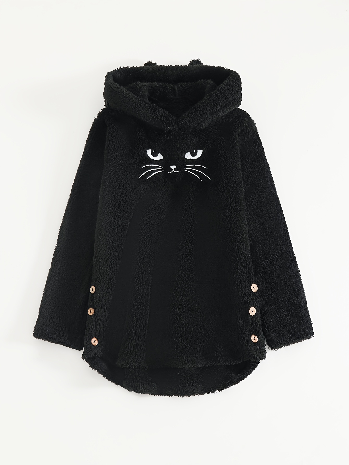 Girls' Hooded Standalone Jacket with Black Cat Pattern