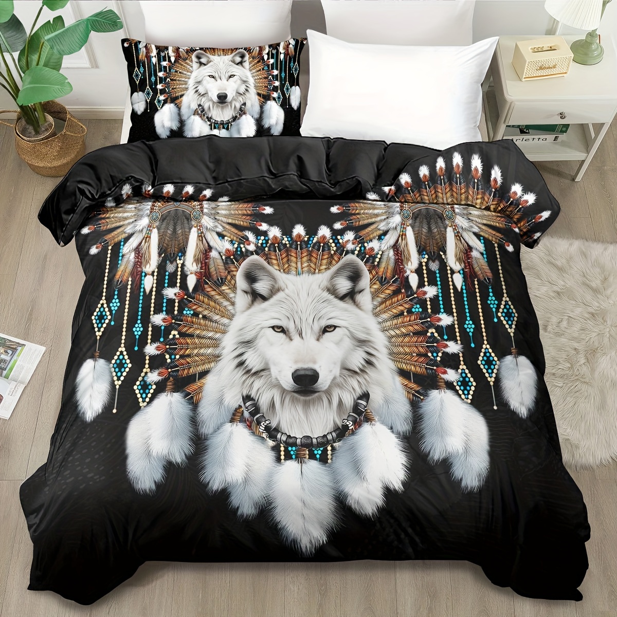 Image of 2/ 3pcs Soft Comfortable Wolf Duvet Cover Sets, Duvet Cover Sets King, Western Tribe Wolf Bedding, Animal Print Duvet Cover Sets For Bedroom (1*duvet Cover +1/ 2*pillowcase, Core Not Included)