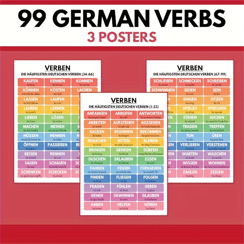 German Language, Most Used Verbs In German, 99 German Verbs Chart, German Classroom Poster, Educational Poster, Classroom Wall Decor, 8x10 Inch (unframed)