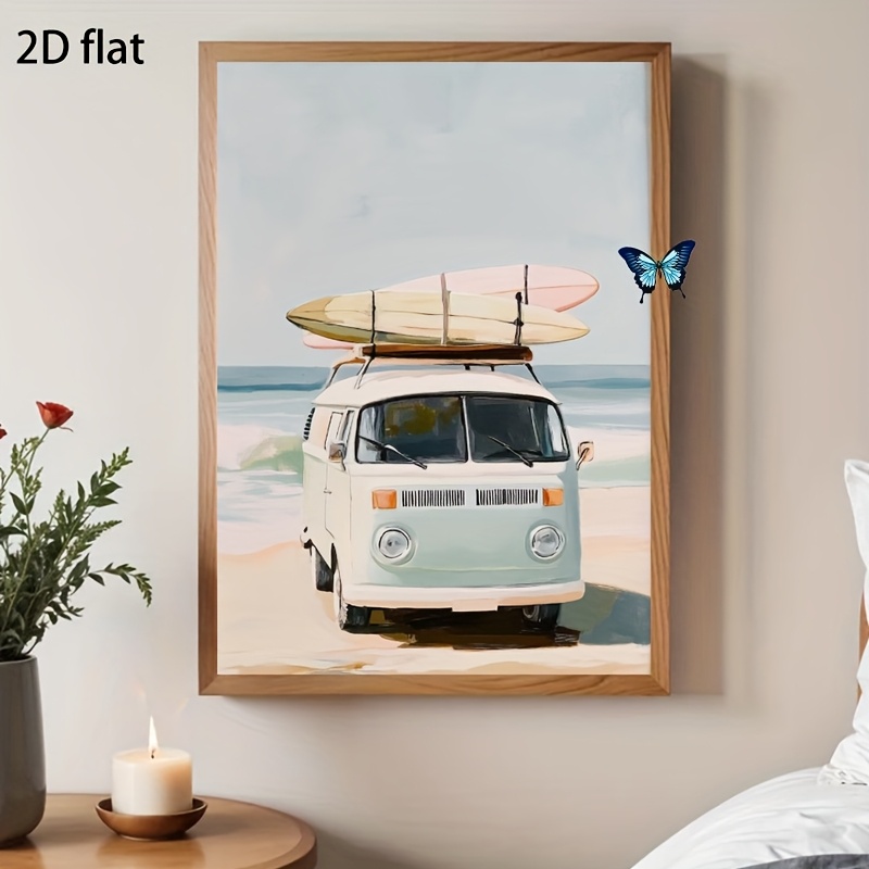 TEMU 2d Flat, 1pc Vintage Surfboard & Coastal Cottage Wall Art Poster - Soft Pastel Tropical Beach House Painting, Vertical Unframed Canvas Print For