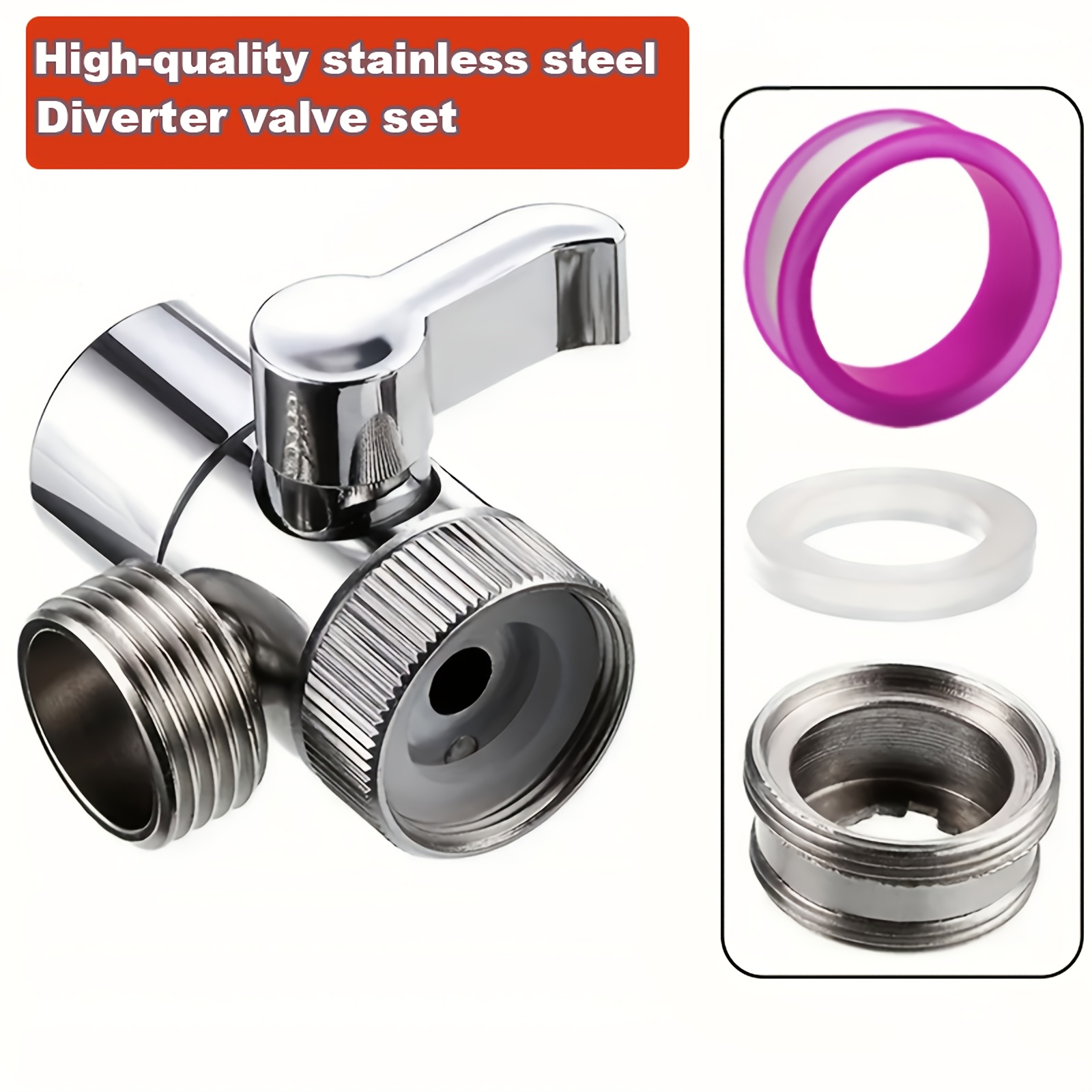TEMU 4pcs Stainless Steel Three-way Diverter Valve | Includes Diverter Valve, Ptfe Tape, Gasket, Adapter - 1/4-turn Quick-open M22/m24 Universal