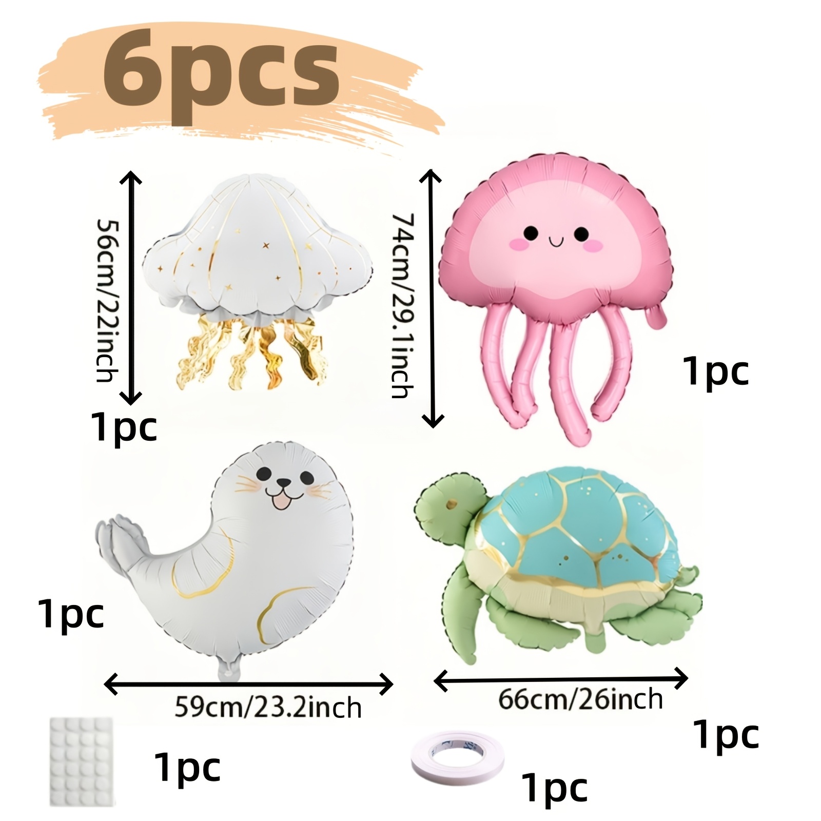 TEMU 6pcs, Cute Marine Animal Aluminum Foil Balloons, Jellyfish, Sea Turtles, Seal Aluminum Foil Balloons, Themed Birthday Party Decoration, Mermaid