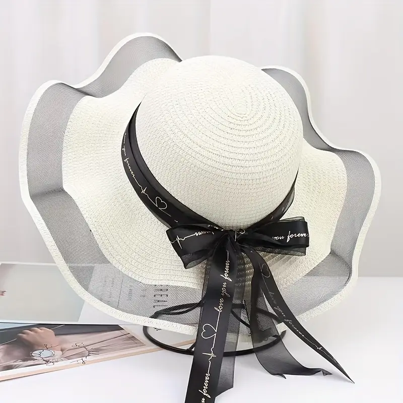 elegant wide brim sun hat with bowknot uv protection breathable straw beach cap for for outdoor leisure details 8