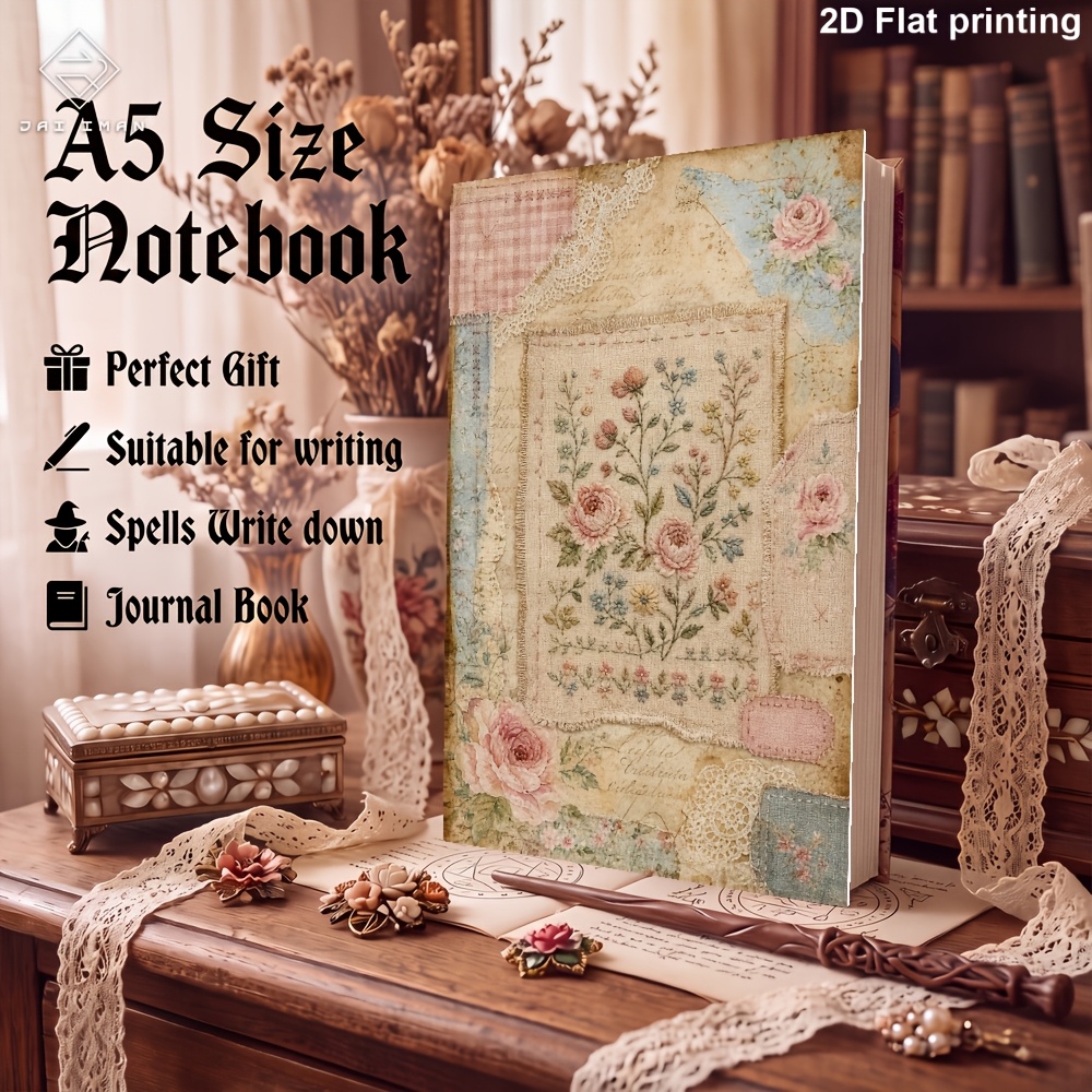 TEMU Jai Iman A5 Size 96pages (different Patterns Innerpage) 2d Flat Aged Floral Style Composition Notebooks For Hand , Social Display, Diary