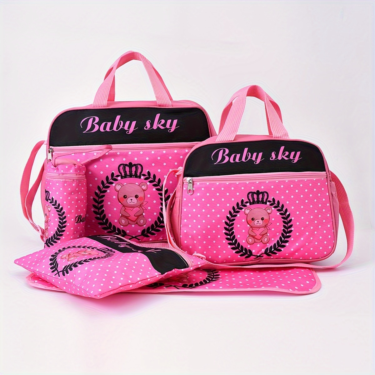 Sky 5pcs Diaper Bag Set Multifunctional Large Capacity Bag with  Shoulder Strap, Fashion Print Teddy Bear Tote with Accessories and Diaper - Main Image