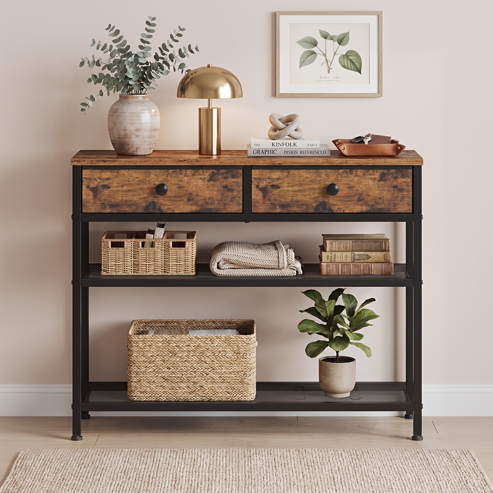 item picture   collection console table narrow sofa table with 2 mesh shelves for entryway living room 30 x 76 7 x 78 7  fabric drawers