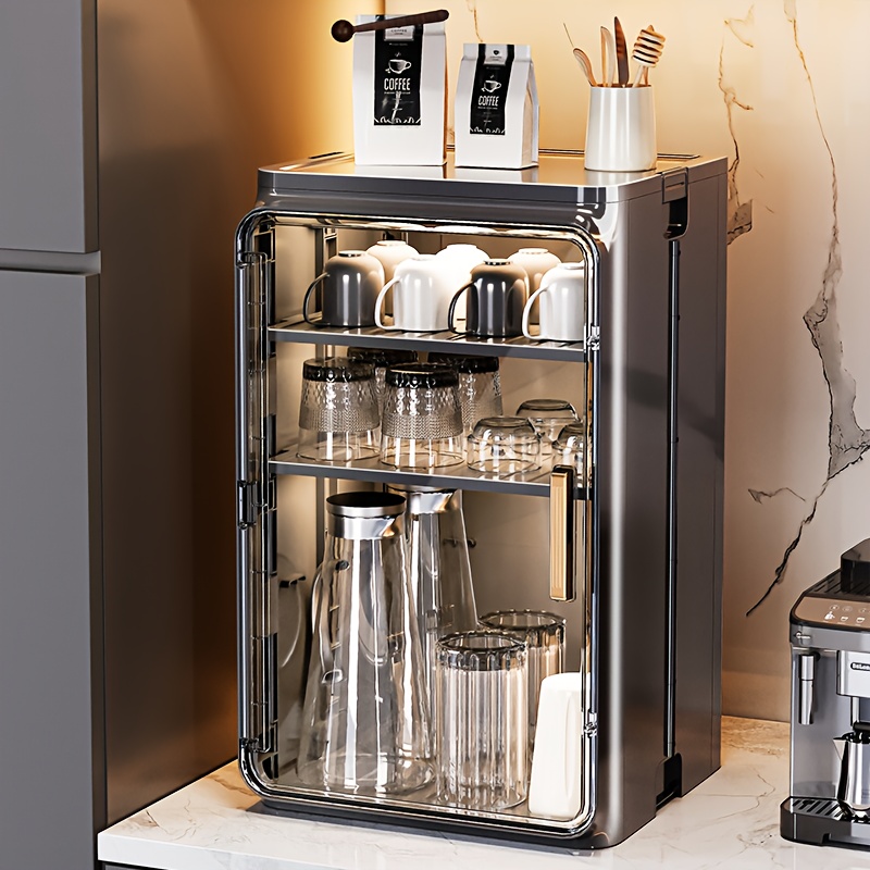 1pc Foldable Storage Cabinet - Multifunctional Coffee Cup Holder and Utensil Organizer with Clear Viewing Window, Easy Assembly & Cleaning, Ideal for Kitchen Organization and Coffee Accessories Storage, Suitable for Home and Cafe Use, Black, Kitchen Storage Cabinet, Sleek Design, Durable Plastic, Stemware Racks, Mug Holder