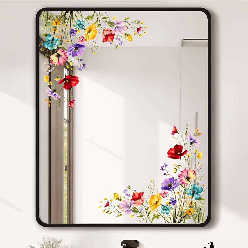 TEMU 1pc Watercolor Multi-colored Wild Flower Border Window Sticker, Colorful Floral Vine Glass Decal, Bathroom Glass Frame Self-adhesive Decorative