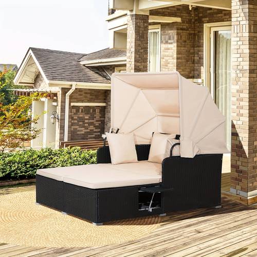patio rattan daybed lounge retractable top canopy side tables cushions gray