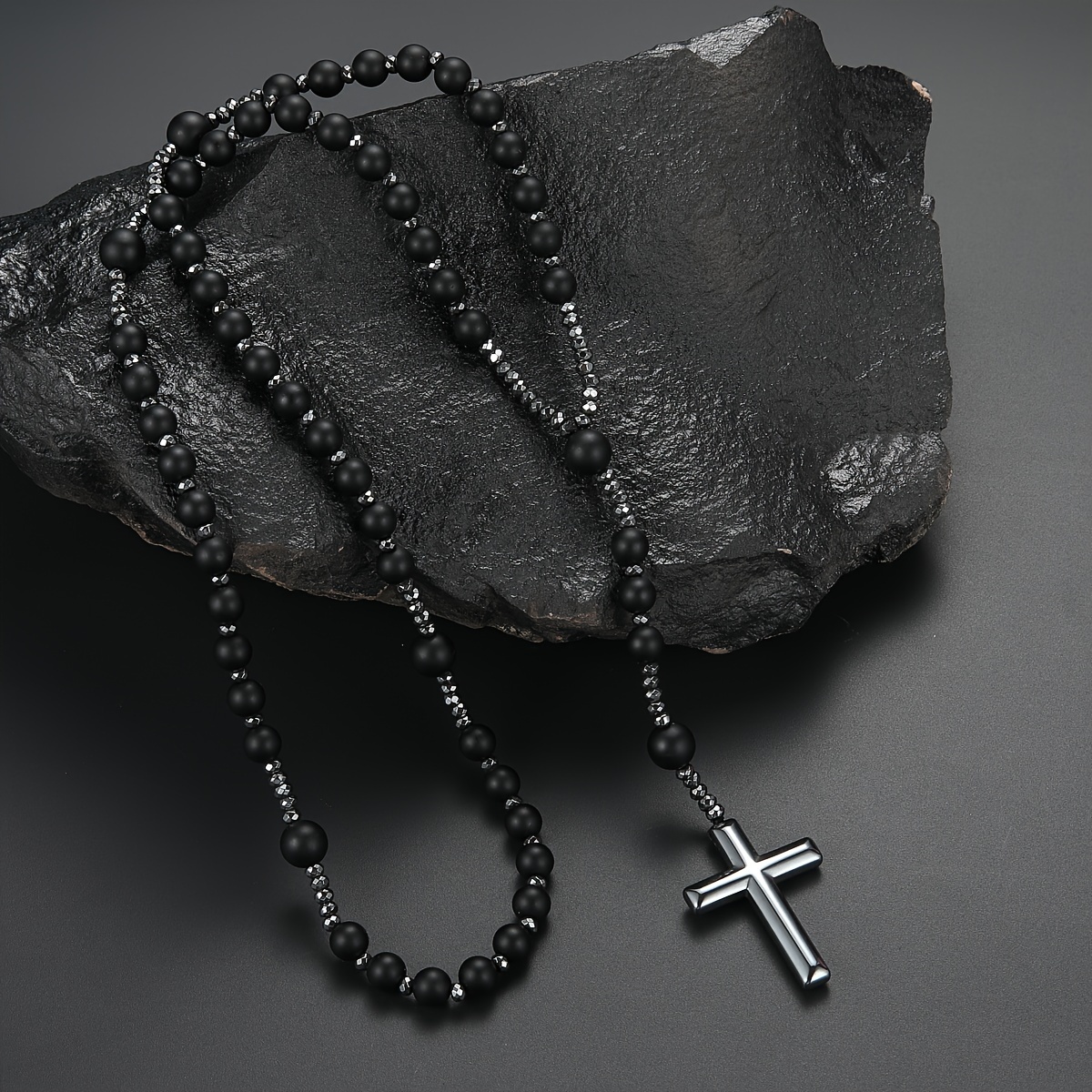 Image of Fashion Cross Pendant Necklace With 8mm Natural Stone Beads - Red & -eye, , Hematite - Stylish Rosary Jewelry, Stone Beads, Tiger-eye, Hematite Cross, Rosary Jewelry