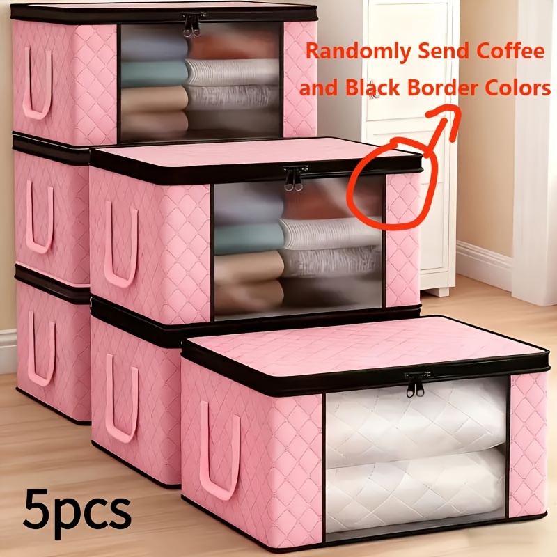 TEMU 5pcs Send Border Colors Foldable Storage Boxes With A Window For Visibility, Featuring Zippers And Lids, Reinforced Handles, Perfect For