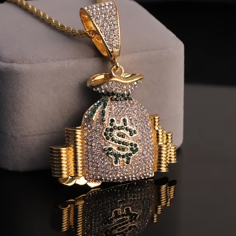 1pc exquisite rhinestone money bag pendant necklace for men and women details 0