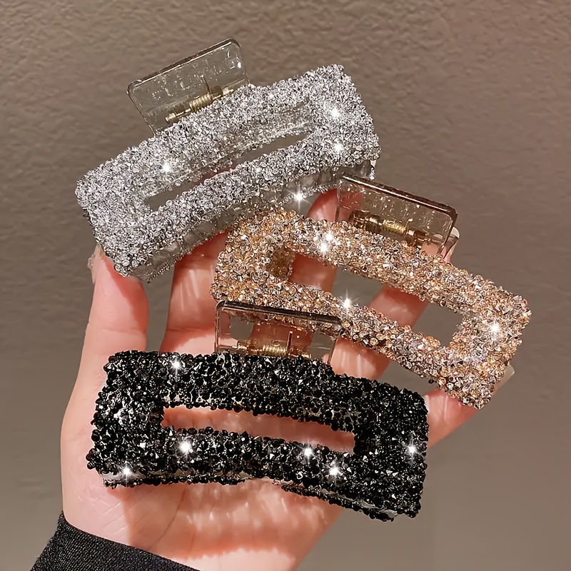 

3pcs Elegant Hair Claw Clips Set - Sparkling Square And Barrette Shapes, Plastic Material, Non-feathered, For And , Cute Hair Clips