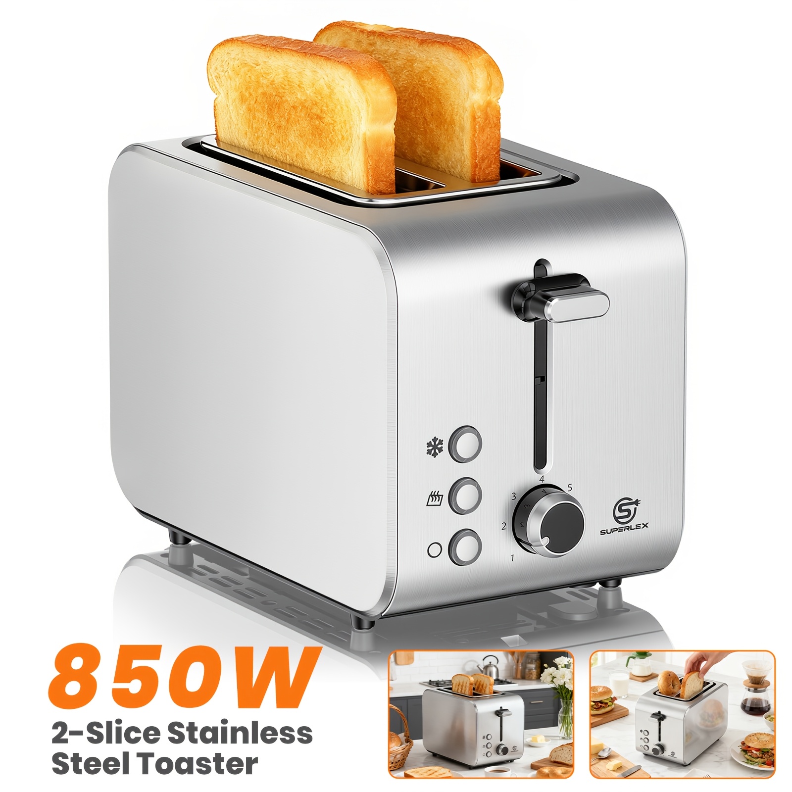TEMU Superlex 2- Stainless Steel Toaster 850w, 7 Browning Settings With Digital Display & -up, Cancel Functions, Perfect For Bread Bagel Waffle Toast