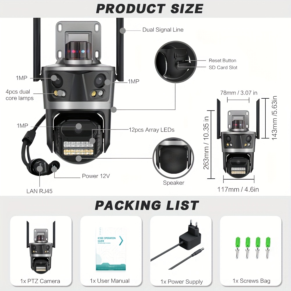 Cámara de seguridad para el hogar con WiFi PTZ de tres lentes, vigilancia exterior 3 en 1 con rotación de 360°, seguimiento automático, visión nocturna de color completo, foco, audio bidireccional, compatible con Alexa, IPX4, enchufe de la UE