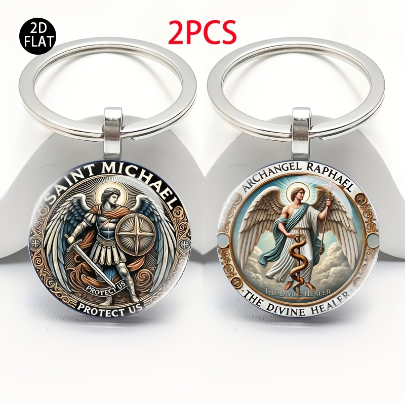 poza articolului 2 bucăți set de brelocuri vintage arhanghelul mihail și   - design   și scut, brelocuri elegante cu înger păzitor pentru genți, chei și accesorii. ideal pentru uz zilnic, ziua tatălui, aniversări și   de naștere. cadou religios la modă, accesoriu de credință, talisman
