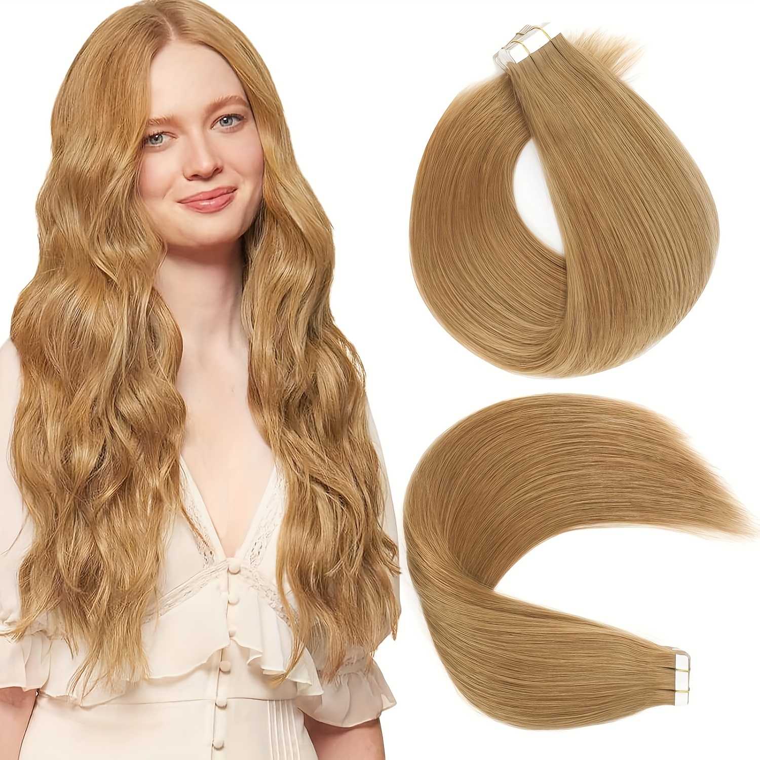 

Blonde Tape In Hair Extensions Seamless Natural Straight Human Hair Tape In Extensions #27 20pcs 30g 18-26 Inch