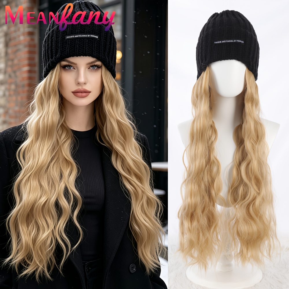 TEMU Elegante Lange Krullende Golf Stijl Hoed Pruik Synthetische Pruik met Gebreide Muts voor Vrouwen Makkelijk te Synthetisch Haarstuk Herfst Winter