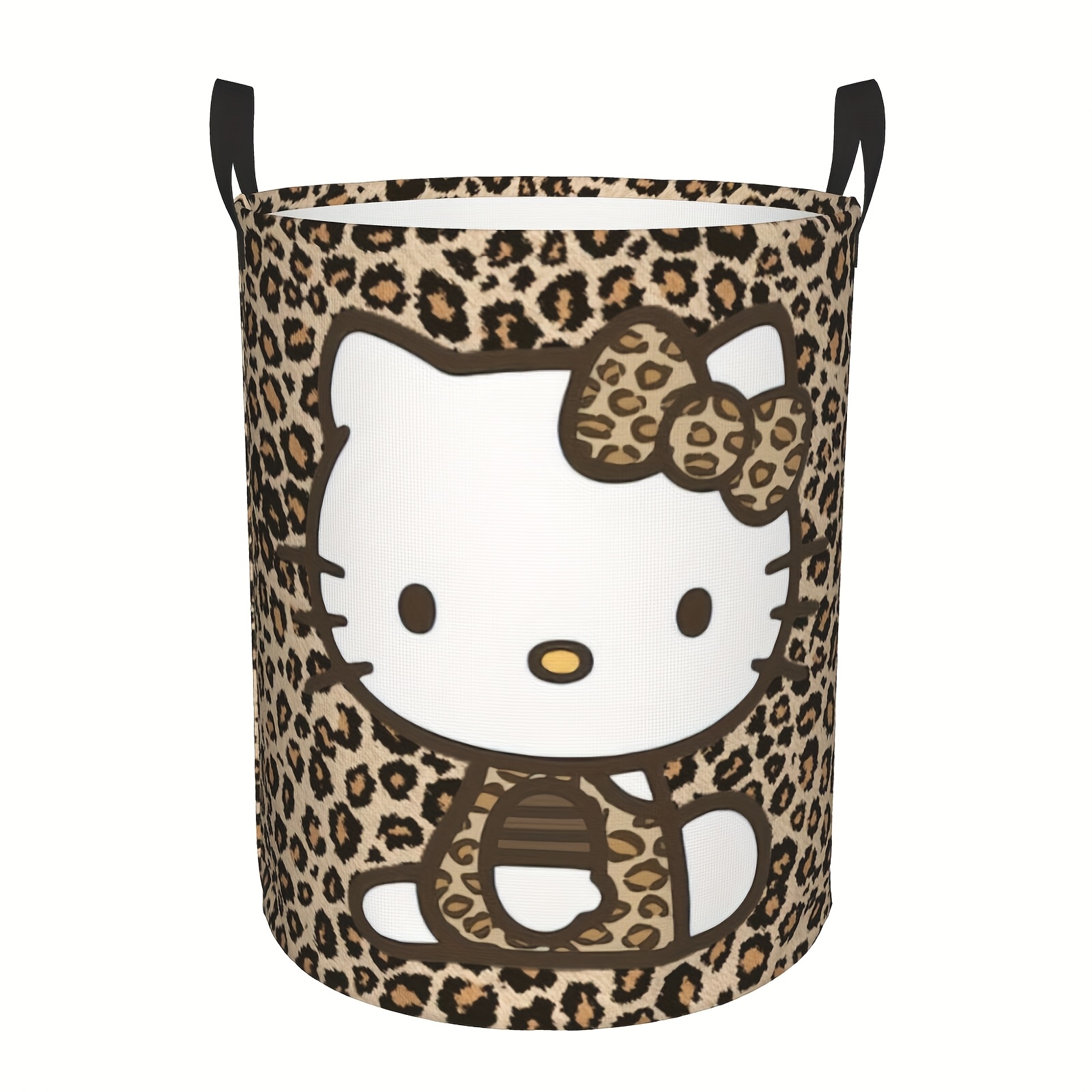 E-shop Sanrio Hello Kitty Wäschekorb - Tragbarer, zusammenklappbarer Wäschekorb mit stabilen Griffen und Leopardenmuster-Hintergrund, für