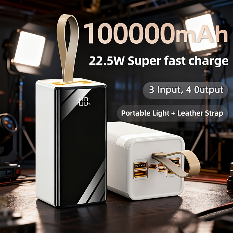 100000mah portable charger featuring 22 5w     led light leather handle can charge 5 devices works with ios     traveling gifting emergency light   stylish power bank