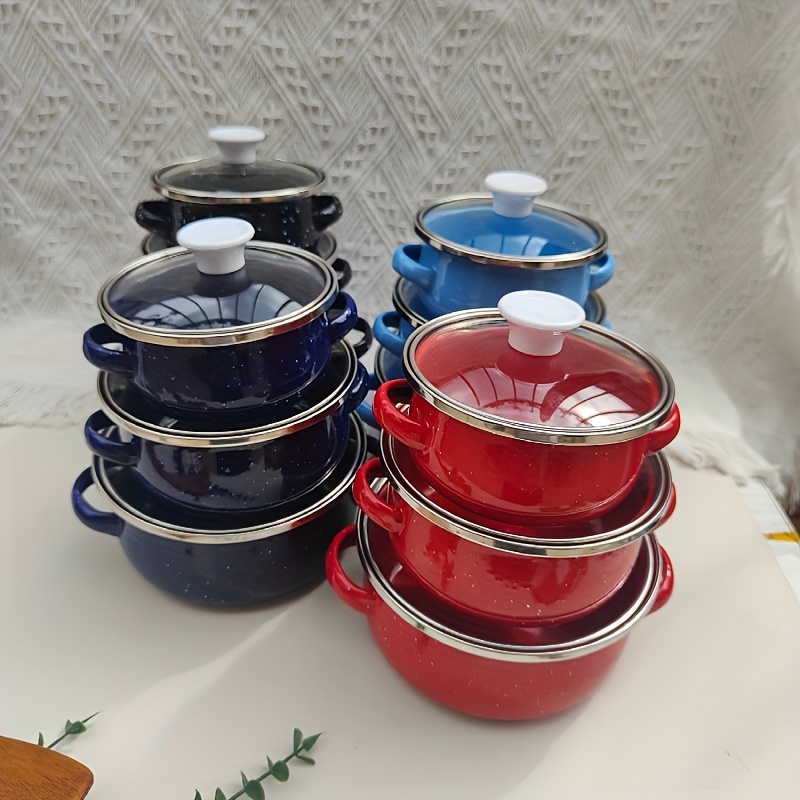 3pcs enamel pot set with 12 14 16 cm mini pots in solid color   design   food and   details 0