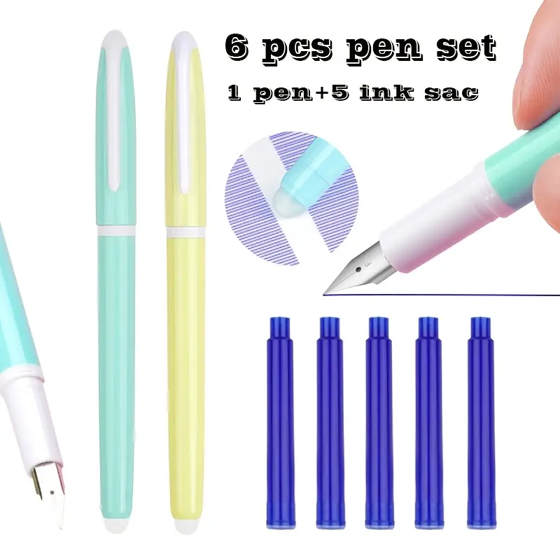 Set stilou cu radiera + 5 rezerve termice 2 set de 6 bucăți, uri ștergătoare la căldură cu fin de 0.5mm, saci de cerneală înlocuibile, papetărie de birou cu instrumente de scris din cauciuc (1 + 5 saci de cerneală albastră) detalii 0