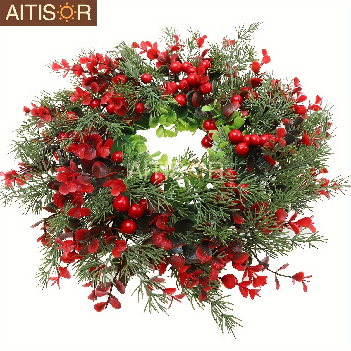 

13.8in Christmas Wreath With Red Eucalyptus Berries - Front Door, Fireplace Mantle & Window Decor | Indoor/outdoor Holiday Centerpiece