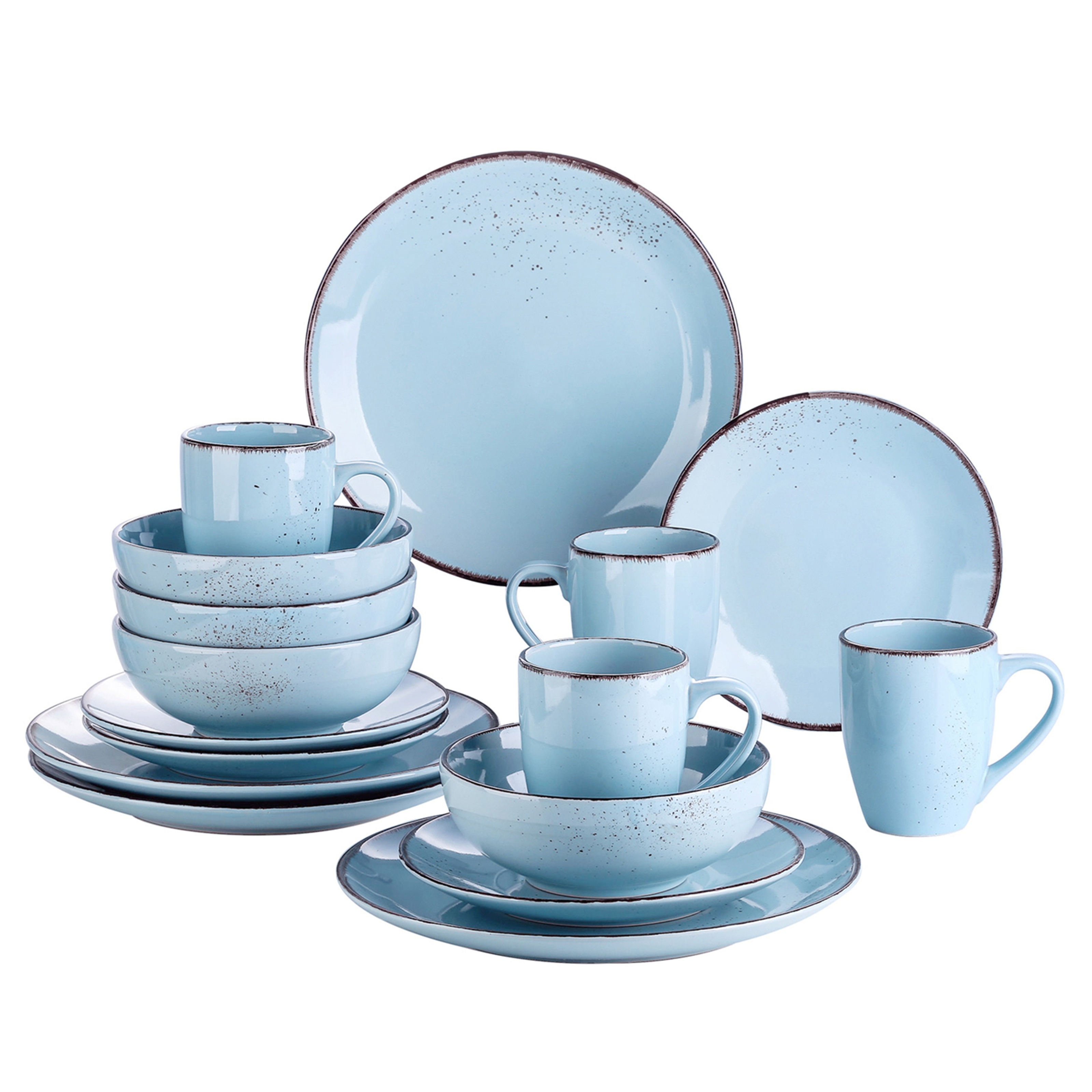 E-shop 16-teiliges blaues Steingut-Keramik Geschirr Teller Set mit Teller, Dessertteller, 800-ml-Schüssel, 380-ml-Becher Set für 4 Personen