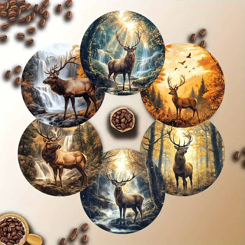 TEMU 6pcs Set Forest Deer , Wooden Coasters - Mosaic Drink Cup Pads Non-slip Holiday Party Decorations Festive Home Gift