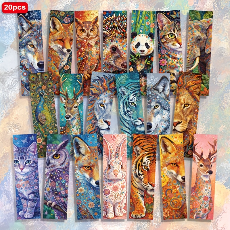 TEMU 20pcs Exquisite Colorful Animal Oil Paintings, Individual Art, Fox Panda , Cat Pattern 1.5in X 5.9in 2d Printed Paper Bookmarks, Daily Reading