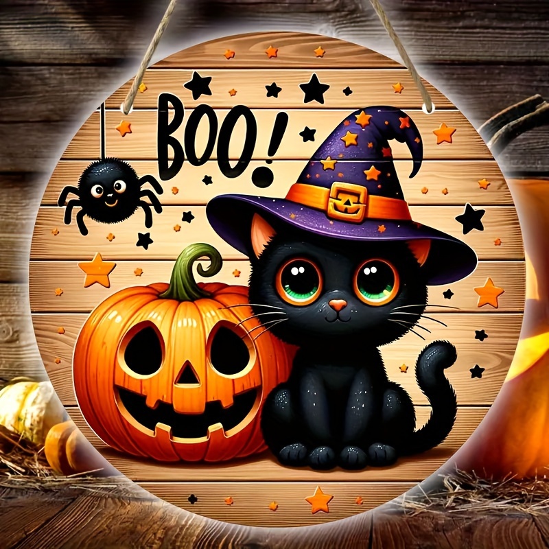 

Hanging Wooden Sign Decoration - Black Cat & Pumpkin Design For Holiday Home & Party Decor, Wood Craft Wall Art, Suitable For Ages 14 & Up, Non-electric Festive Ornament With Spider & Boo Accents, 1pc