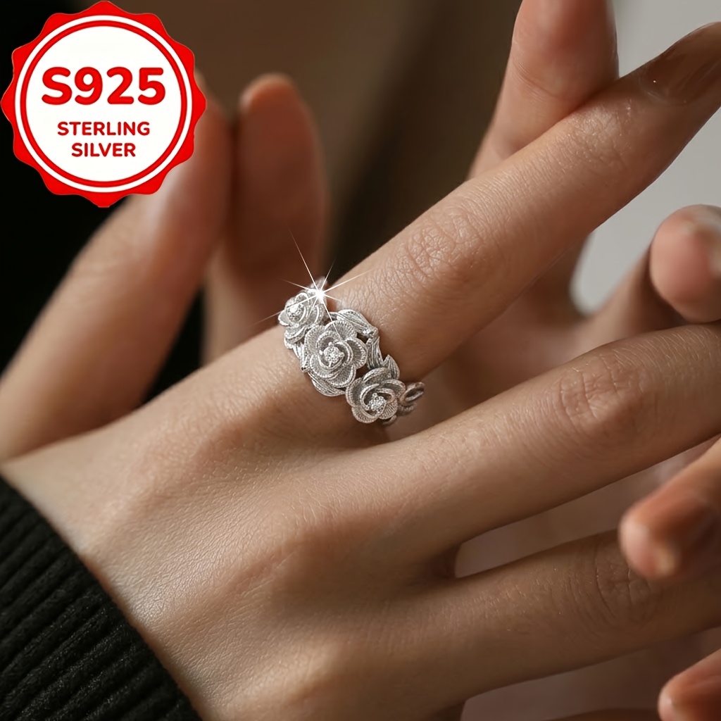 S925 Silver Inlaid Zirconia Retro Three Flowers Ring