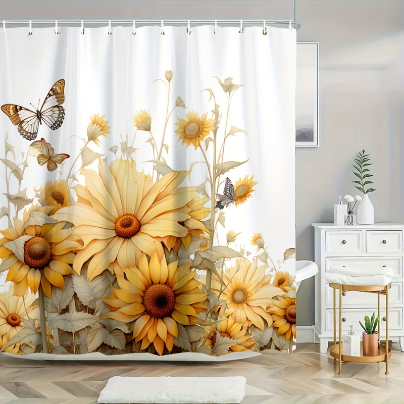 

Sunflower & Autumn Plants Waterproof Shower Curtain With Hooks - Stain-resistant, Machine Washable Polyester Bathroom Decor