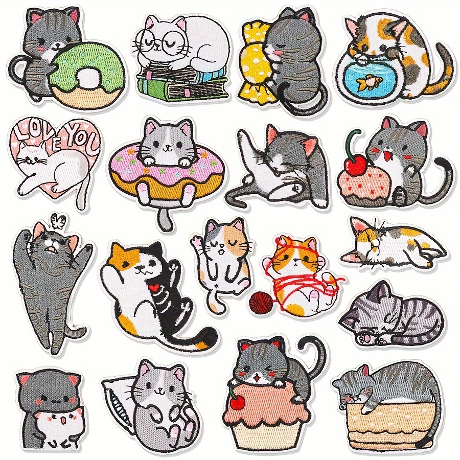 

18-piece Cute Embroidered Iron-on Patches, Assorted Kitten Designs For Clothing Accessories, Mixed Embroidery Badges For Diy Crafts And Apparel Decoration