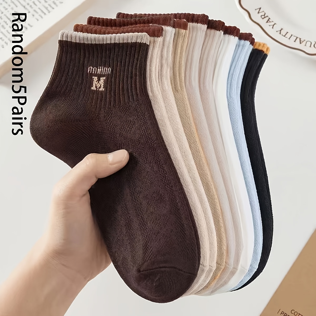 TEMU 5-pair Random Women's Vintage "million" Letter Pattern Fashion Ankle Socks, Suitable For Occasions Such As Socks, Ankle Socks, And Boat Socks.