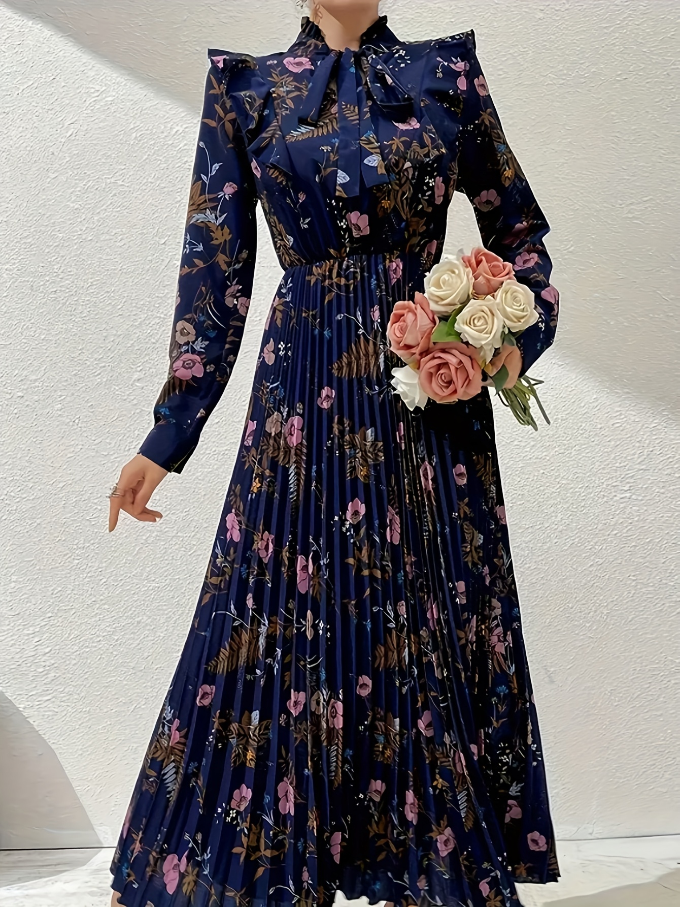 Newness Floral Print Puffed Sleeve Lapel Collar A Line Dress