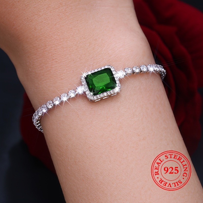

925 Silver Green Zircon Thin Tennis Bracelet Luxury Super Shiny Hand Chain Jewelry Decoration