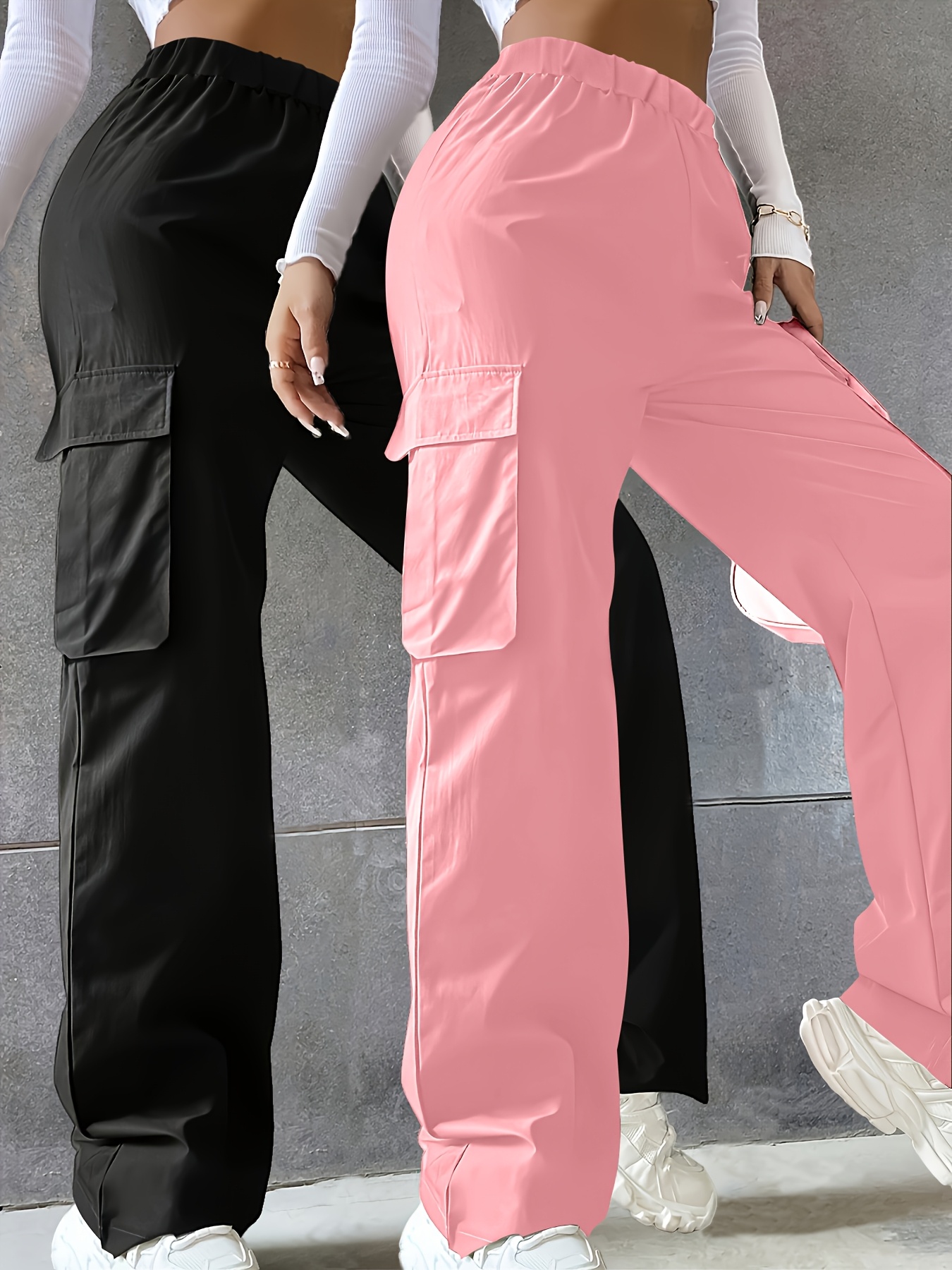 2-Pc Girls' Spring Summer Fall Casual Cargo Pants, Elastic Waistband And Flap Pockets, Comfortable Fashion Wide-Leg Trousers, for Outdoor